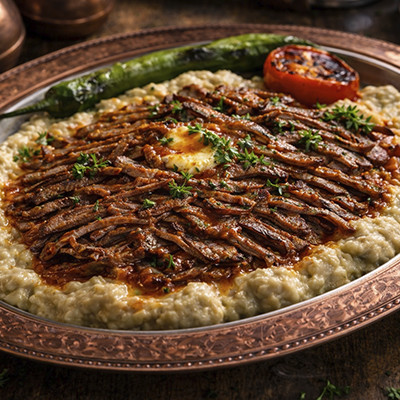 Döner met Beğendi (Romige Auberginepuree)